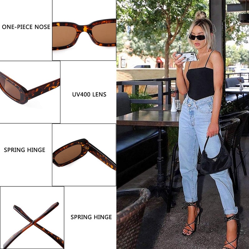 JUDOO Rectangle Sunglasses for Women Vintage Fashion Narrow Square Frame with UV400 Protection ((2 pack) Black+Tortoise Frame Brown Lens) - Image 3
